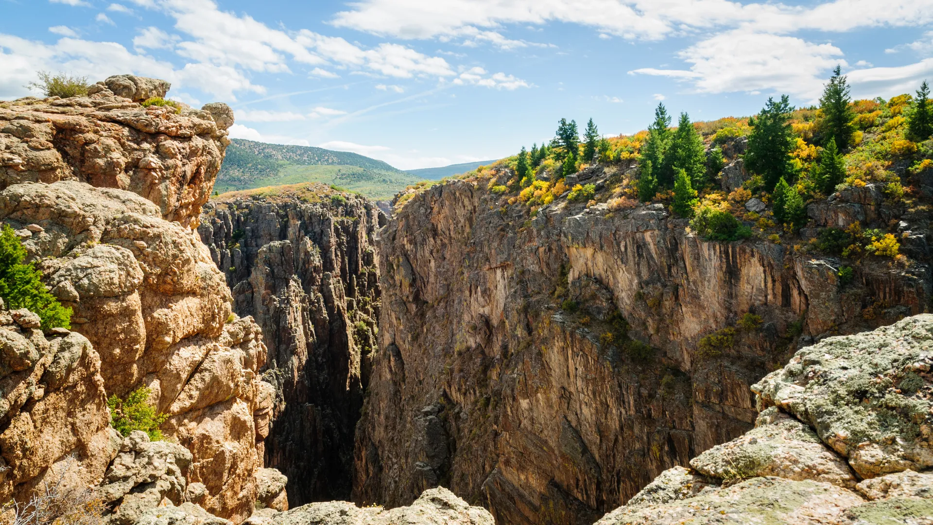 Steep canyon walls under a blue sky with fall color along the rim in western Colorado